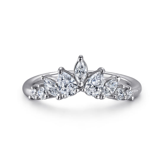 Curved-14K White Gold Round Pear Shaped and Marquise Diamond Anniversary Band