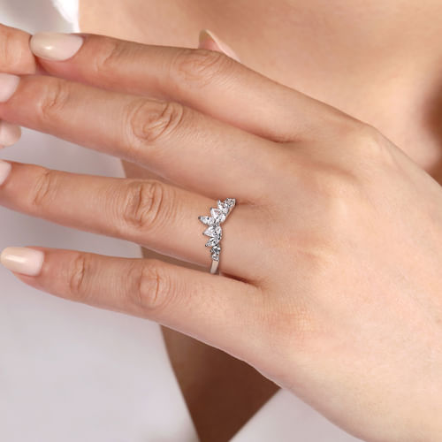 Curved-14K White Gold Round Pear Shaped and Marquise Diamond Anniversary Band