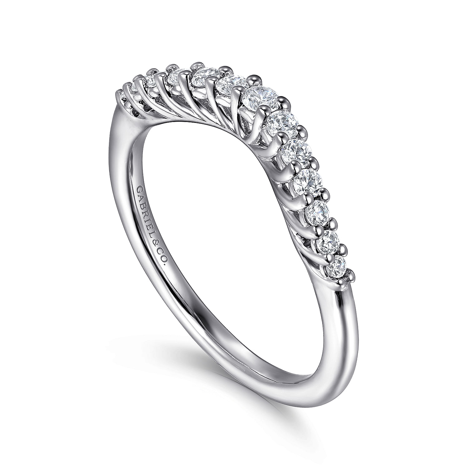 Curved 14K White Gold Shared Prong Diamond Wedding Band