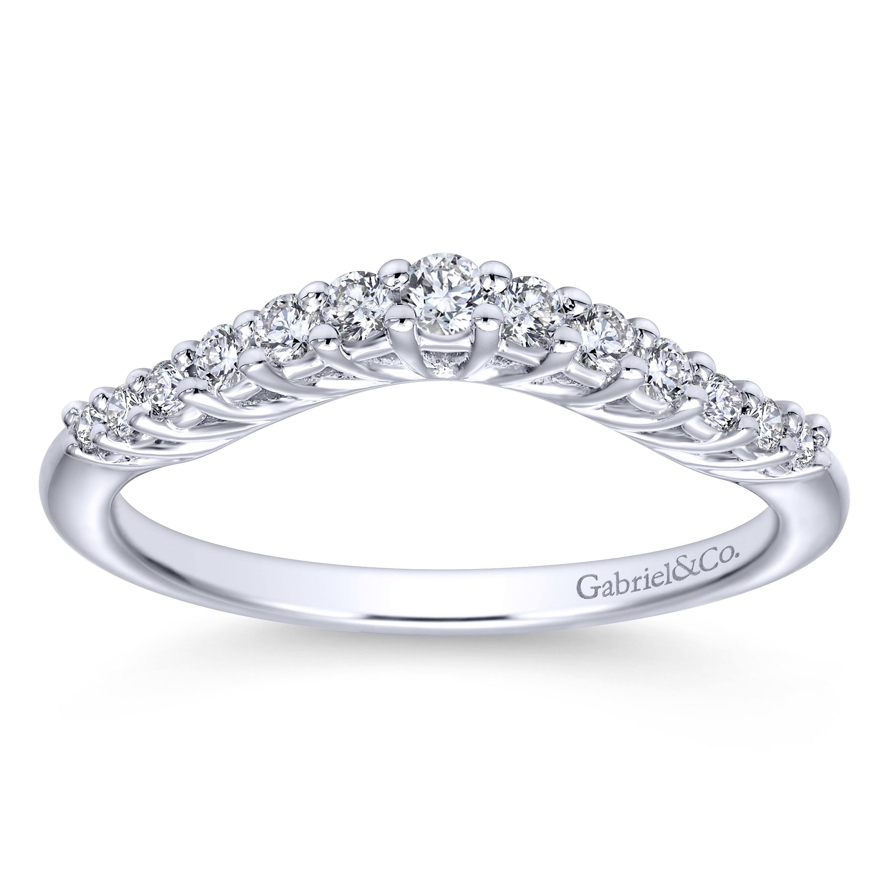 Curved 14K White Gold Shared Prong Diamond Wedding Band