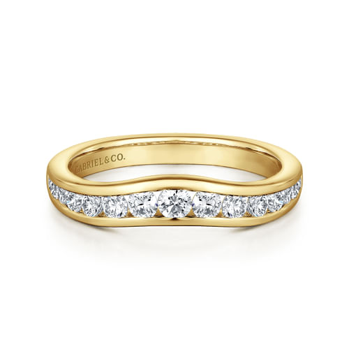 Curved 14K Yellow Gold Channel Set Diamond Wedding Band