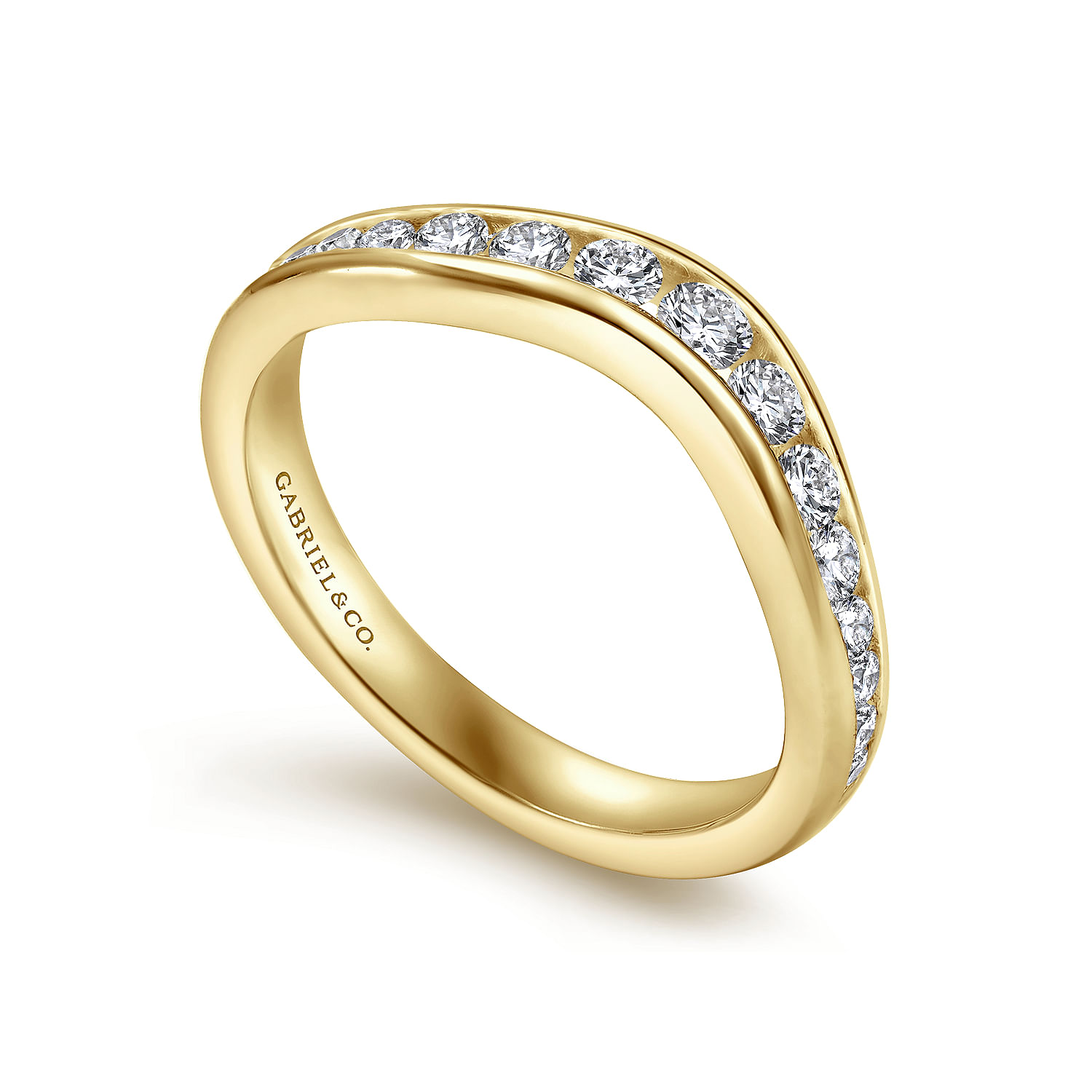 Curved 14K Yellow Gold Channel Set Diamond Wedding Band