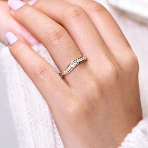 Curved 14K Yellow Gold Channel Set Diamond Wedding Band