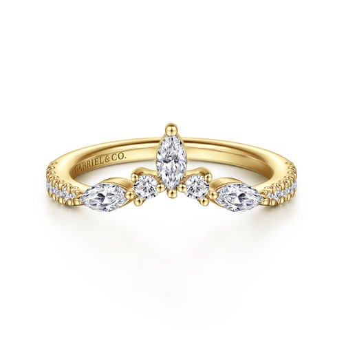 Curved 14K Yellow Gold Marquise and Round Diamond Anniversary Band