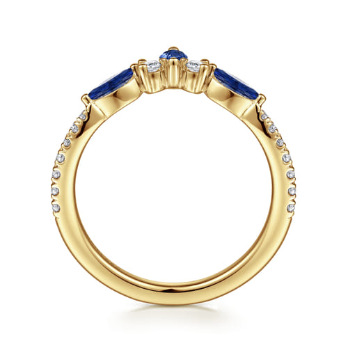 Curved 14K Yellow Gold Prong Set and French Pave Marquise Sapphire and Round Diamond Anniversary Band