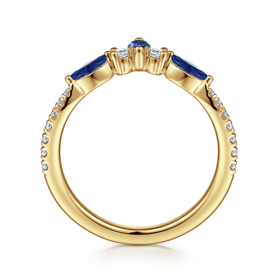 Curved 14K Yellow Gold Prong Set and French Pave Marquise Sapphire and Round Diamond Anniversary Band angle 2