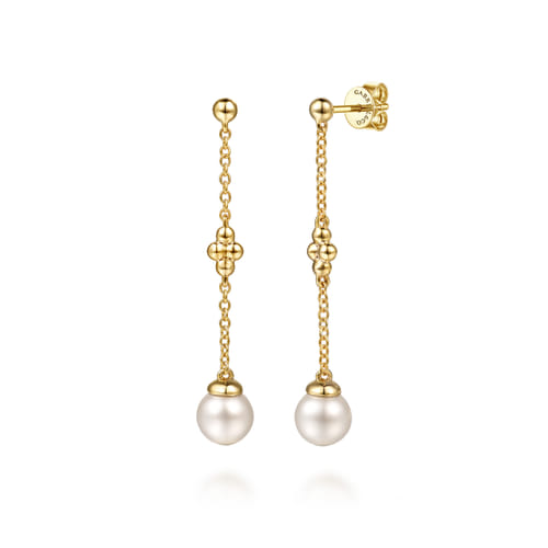 Drop Earrings Stud 14K Yellow Gold Pearl Bujukan