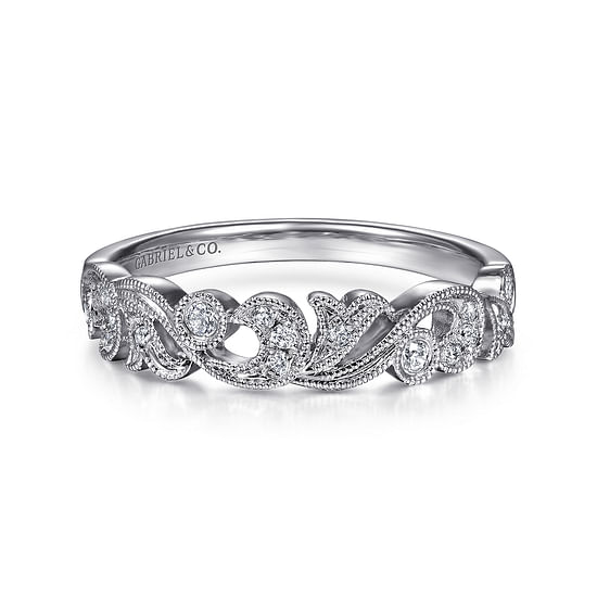 Gabriel - Floral 14K White Gold Diamond Anniversary Band with Milgrain