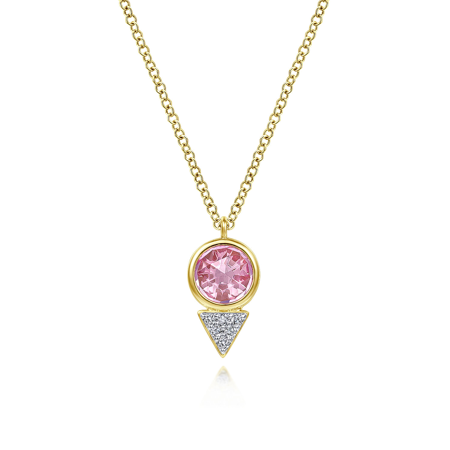 Geometric 14K Yellow Gold Pink Created Zircon and Diamond Pavé Pendant Necklace