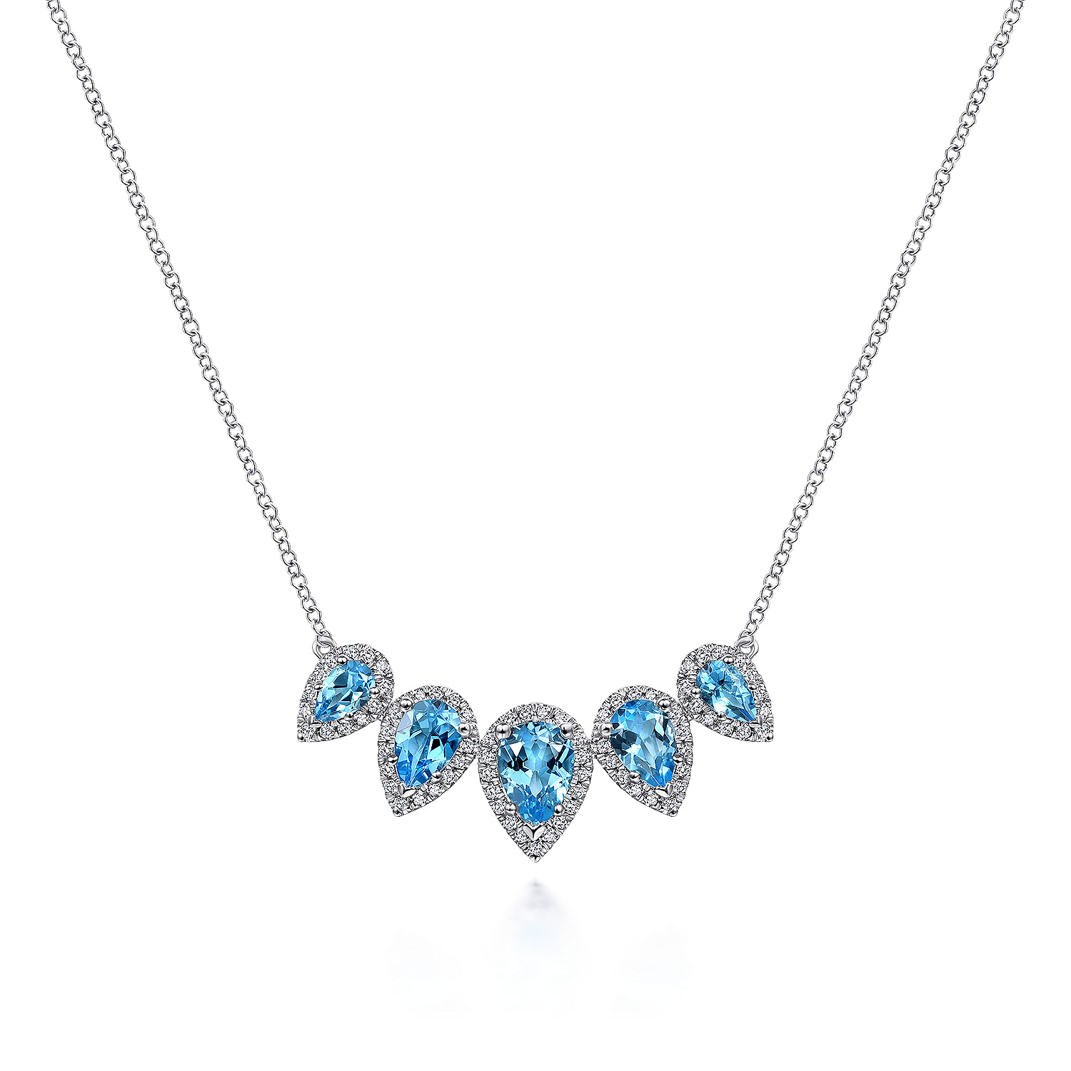 Graduating 14K White Gold Pear Shaped Blue Topaz and Diamond Halo Necklace