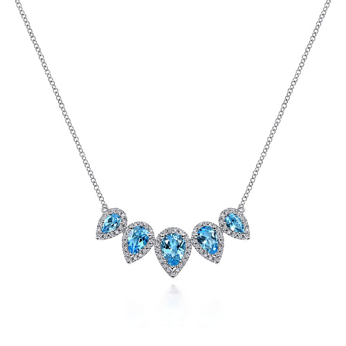 Graduating 14K White Gold Pear Shaped Blue Topaz and Diamond Halo Necklace