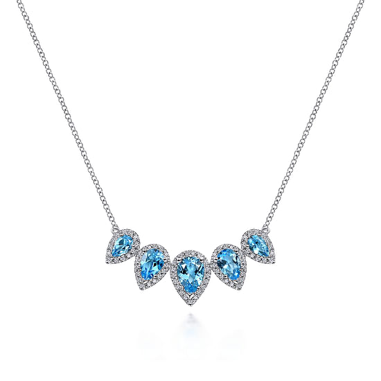 Gabriel - Graduating 14K White Gold Pear Shaped Blue Topaz and Diamond Halo Necklace