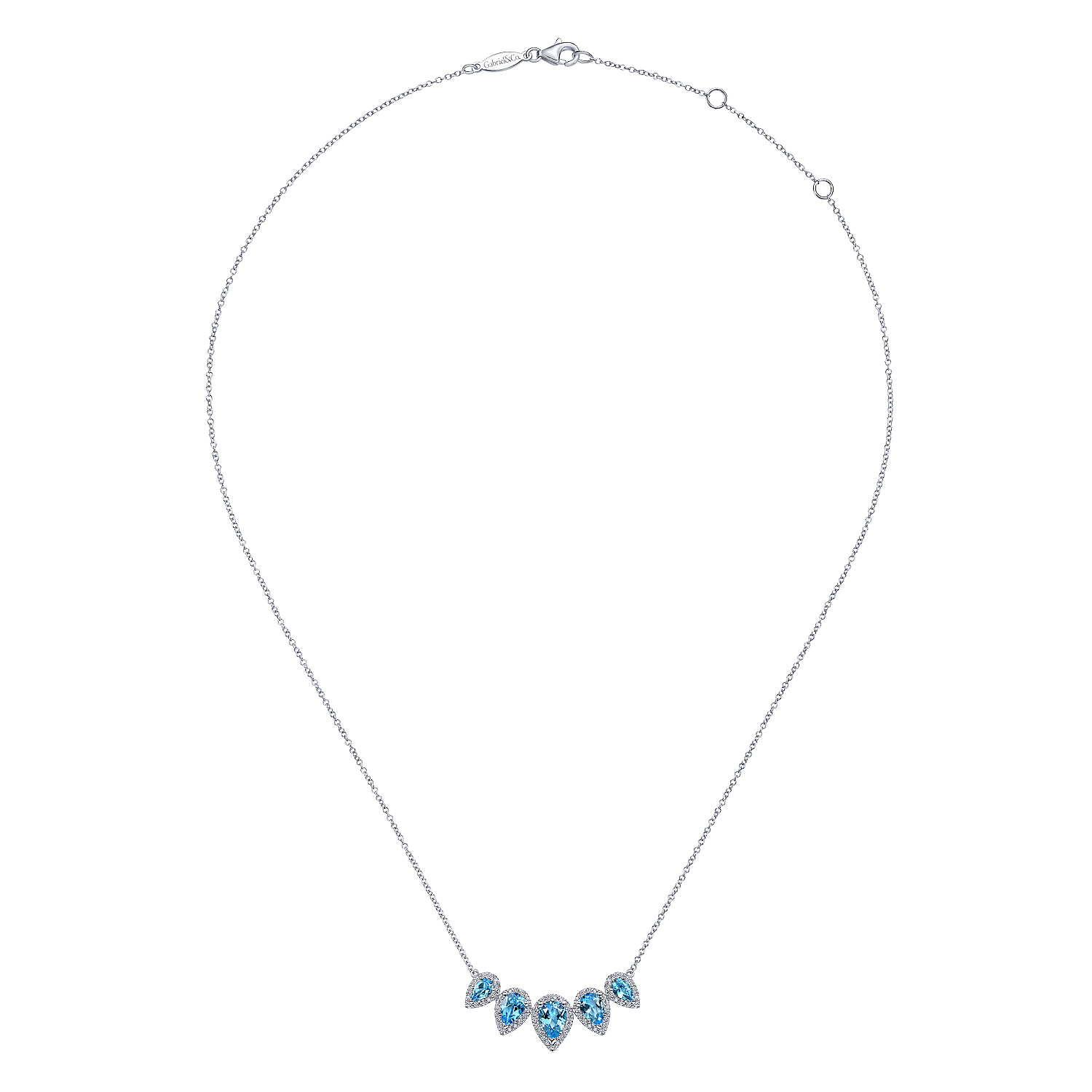 Graduating 14K White Gold Pear Shaped Blue Topaz and Diamond Halo Necklace