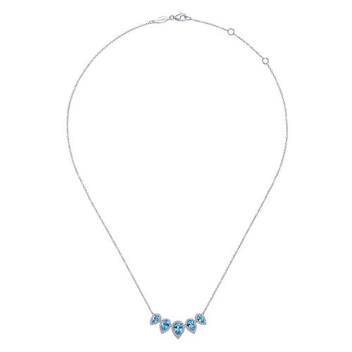 Graduating 14K White Gold Pear Shaped Blue Topaz and Diamond Halo Necklace