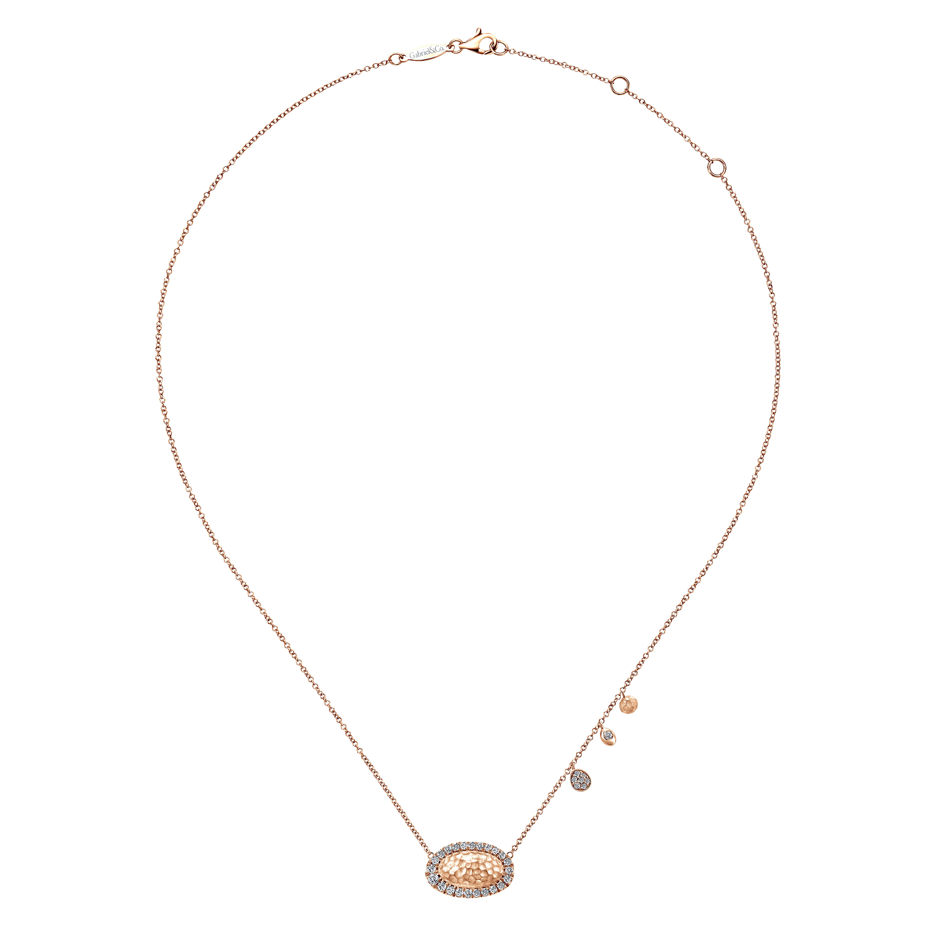 Hammered 14K Rose Gold Oval Pendant Necklace with Diamond Halo and Accent Drops