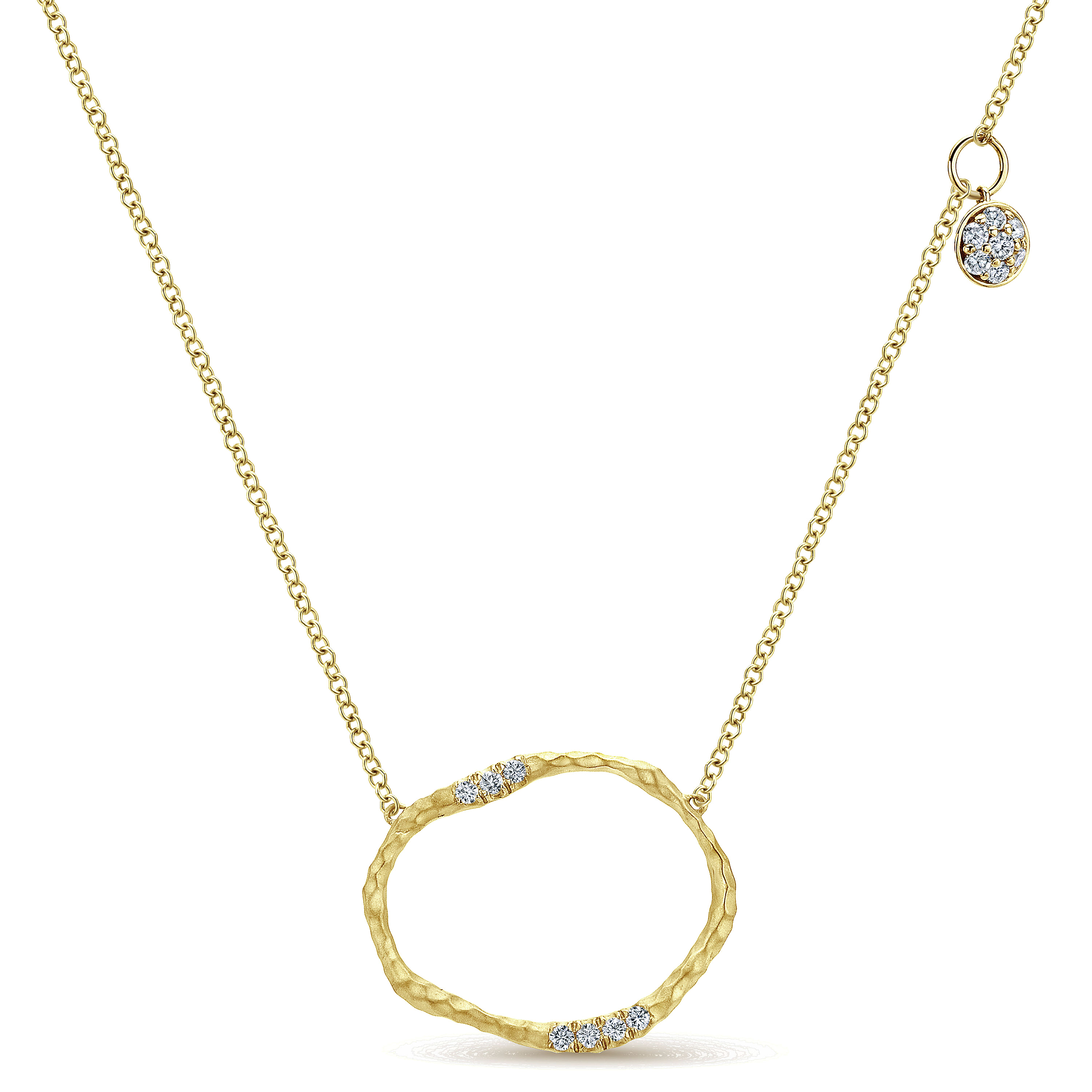Hammered 14K Yellow Gold Circular Pendant Necklace with Diamonds