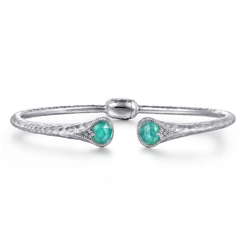 Hammered 925 Silver Rock Crystal and Green Onyx Split Bangle