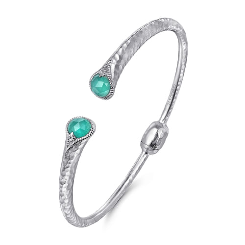 Hammered 925 Silver Rock Crystal and Green Onyx Split Bangle