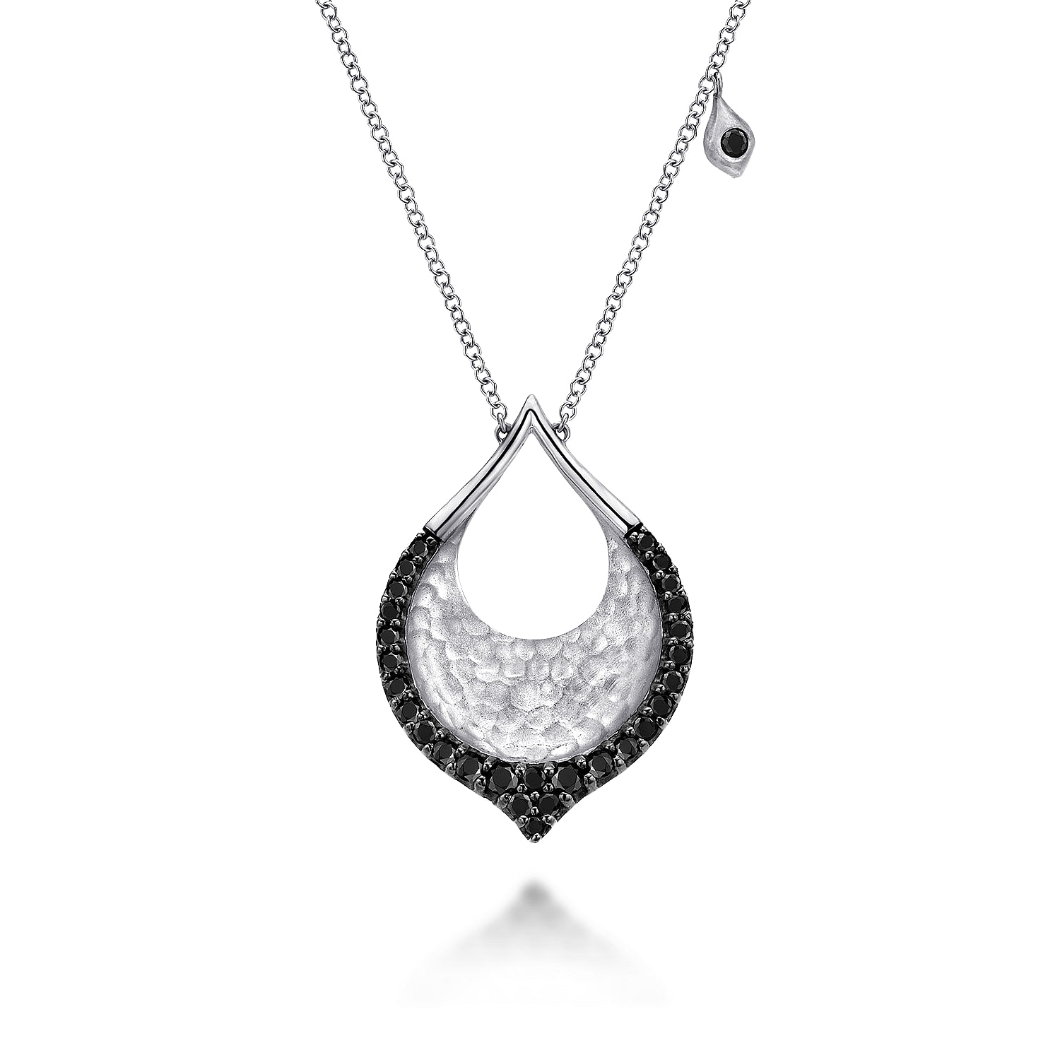 Gabriel - Hammered 925 Sterling Silver Black Spinel Teardrop Pendant Necklace