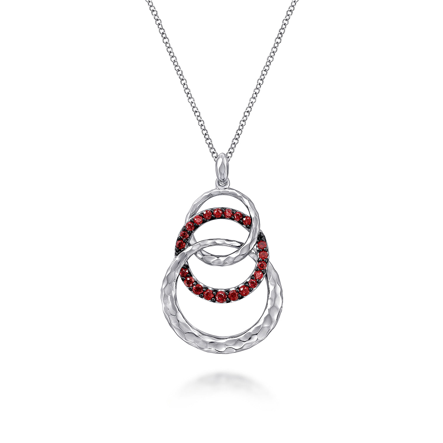 Hammered 925 Sterling Silver Multi Circle Garnet Pendant Necklace