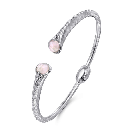Hammered 925 Sterling Silver Rock Crystal and Pink MOP Hinged Cuff angle 2