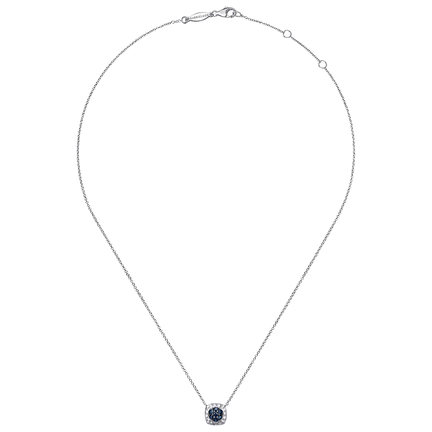 Hammered 925 Sterling Silver Sapphire Pavé Pendant Necklace