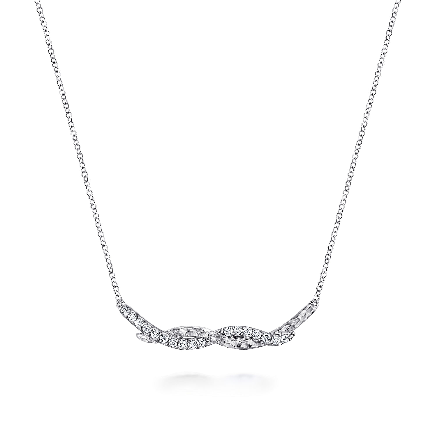 Hammered 925 Sterling Silver White Sapphire Twisted Bar Necklace