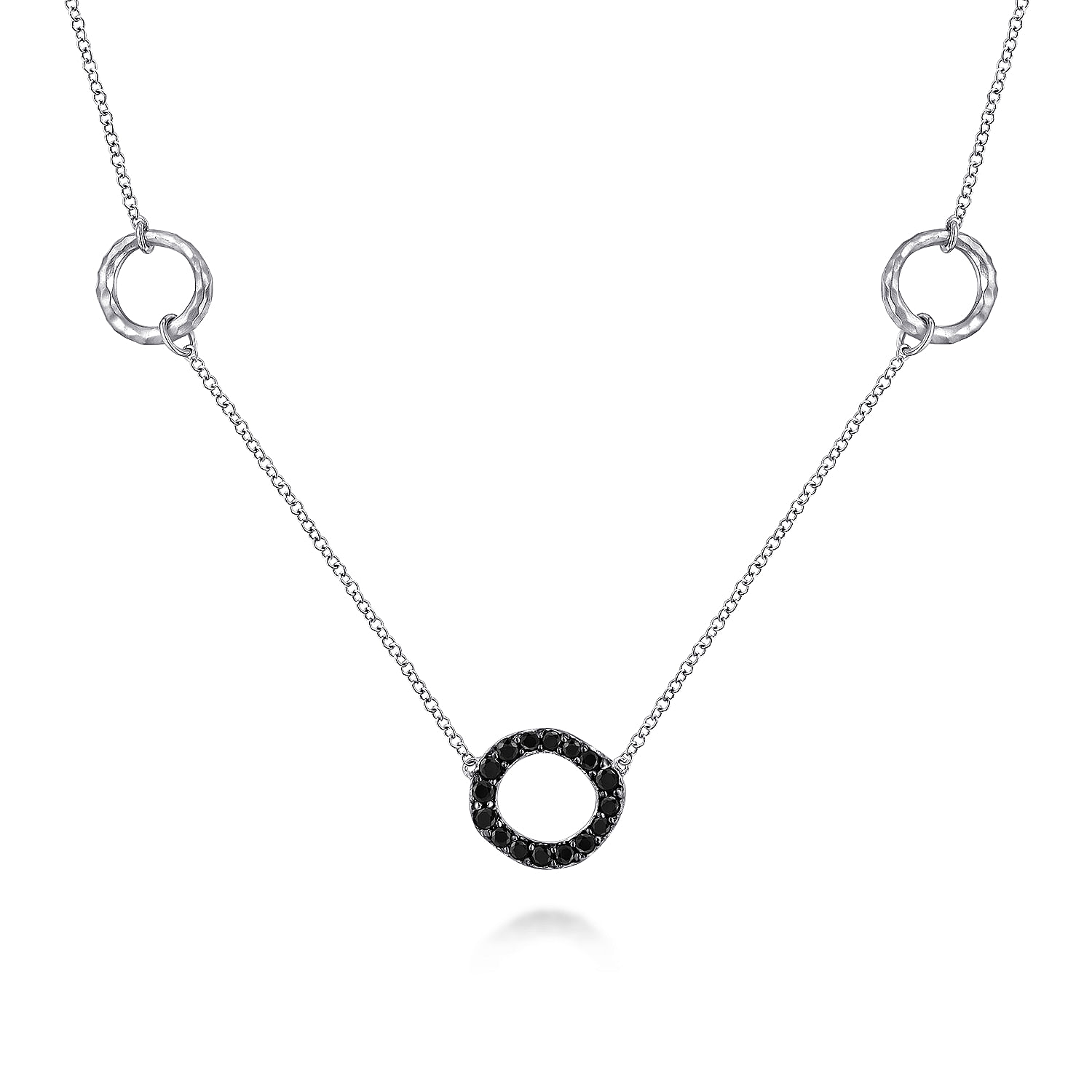 Hammered 925 Sterling Silver and Black Spinel Circle Station Necklace