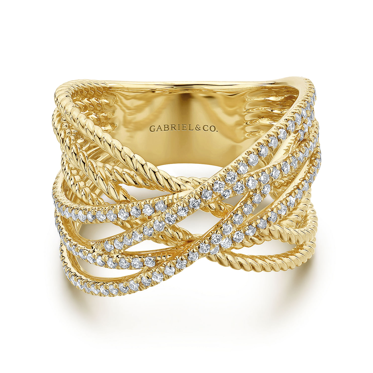 Intersecting 14K Yellow Gold Twisted Rope and Diamond Row Ring