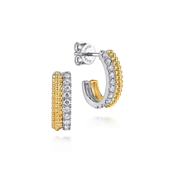 J Hoop Earrings 14K White and Yellow Gold Diamond 0.35ct Bujukan
