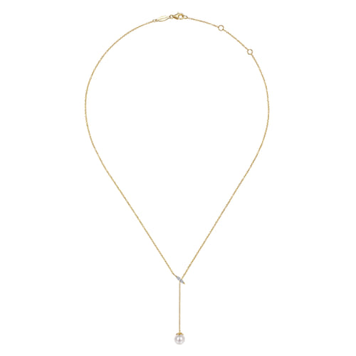 Layered Y Necklace 14K Yellow Gold Diamond and Pearl 0.04ct