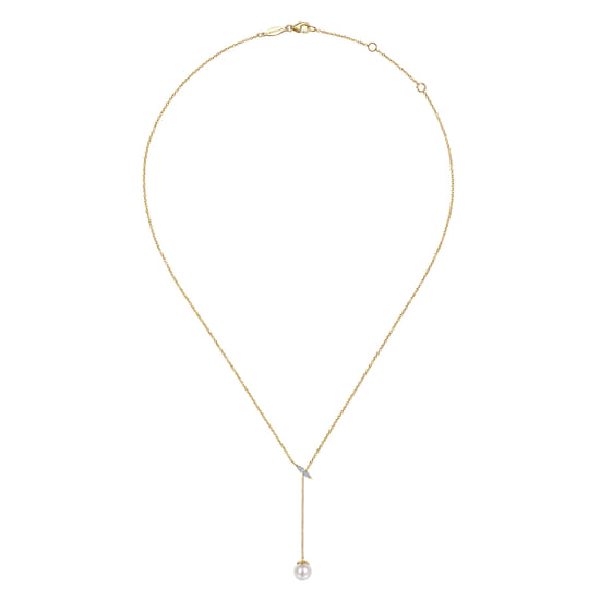 Layered Y Necklace 14K Yellow Gold Diamond and Pearl 0.04ct angle 2