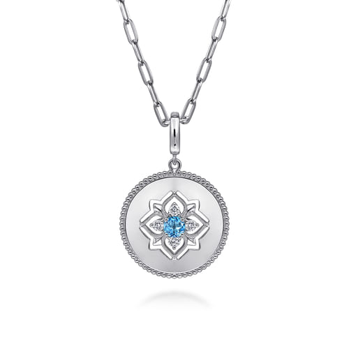 Medallion Pendant 925 Sterling Silver Blue Topaz and White Sapphire 24mm Bujukan