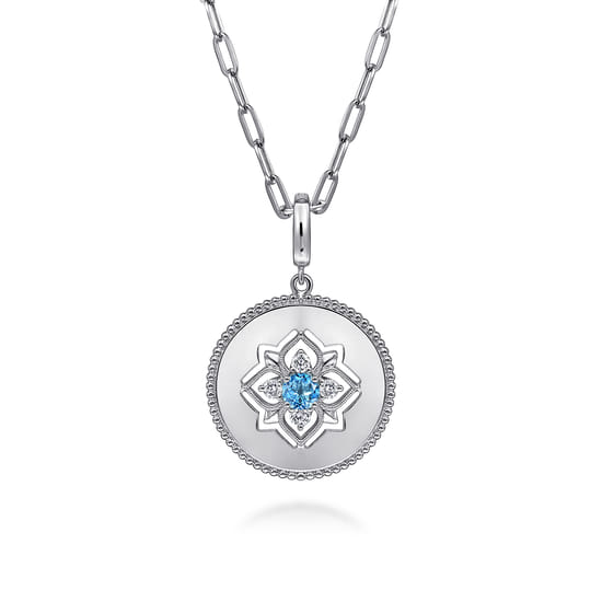Medallion Pendant 925 Sterling Silver Blue Topaz and White Sapphire 24mm Bujukan angle 3