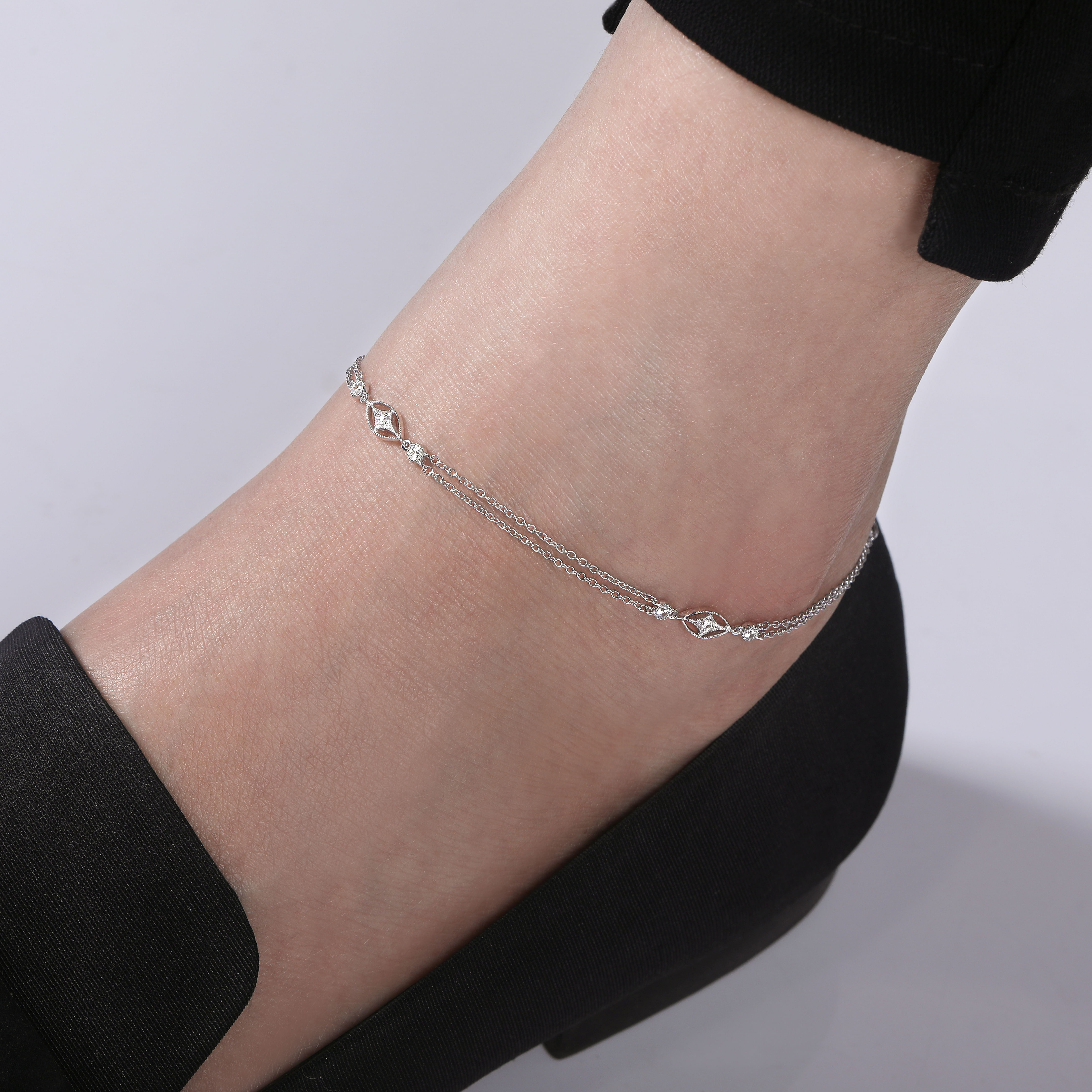 Multi Row 925 Sterling Silver Chain Ankle Bracelet with White Sapphire Marquise Stations