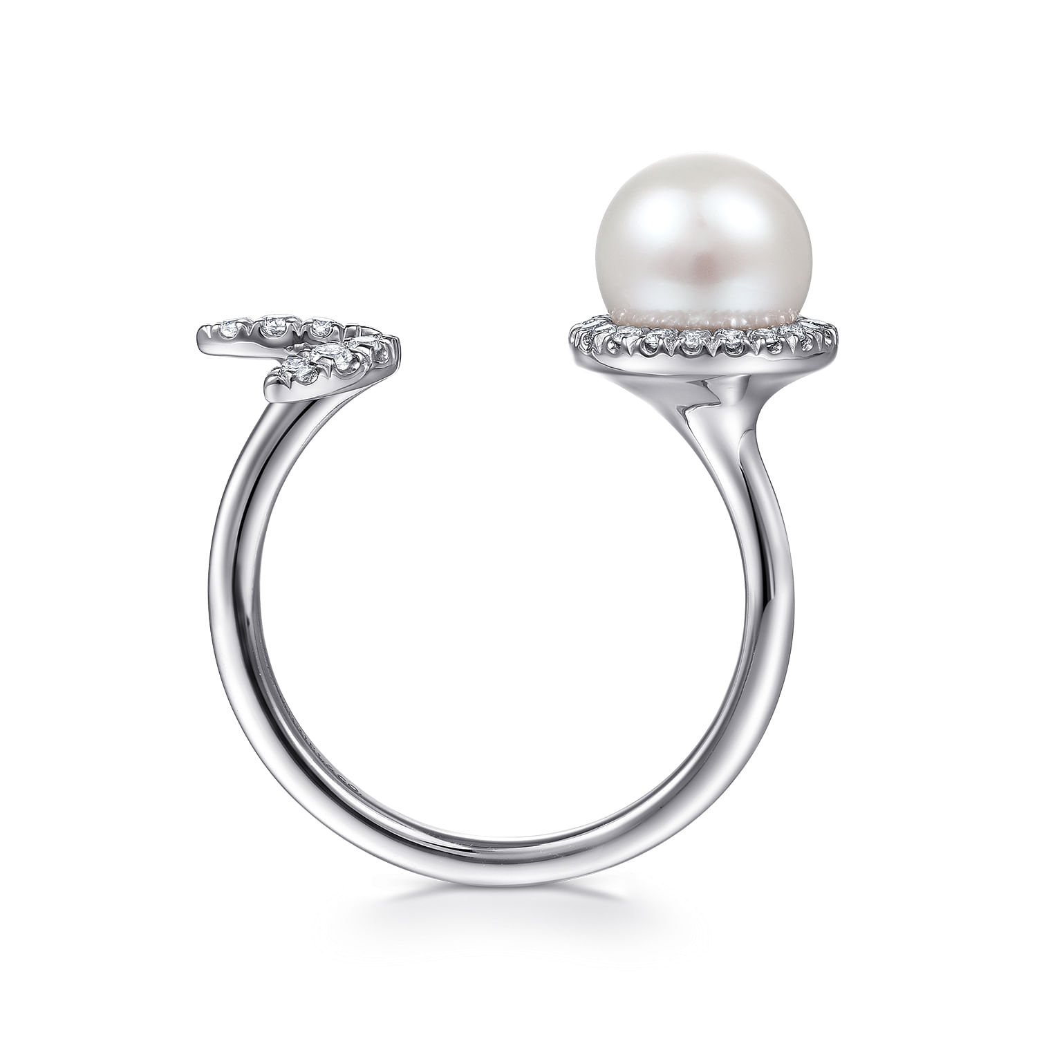 Open 14K White Gold Cultured Pearl and Diamond Leaf Ring