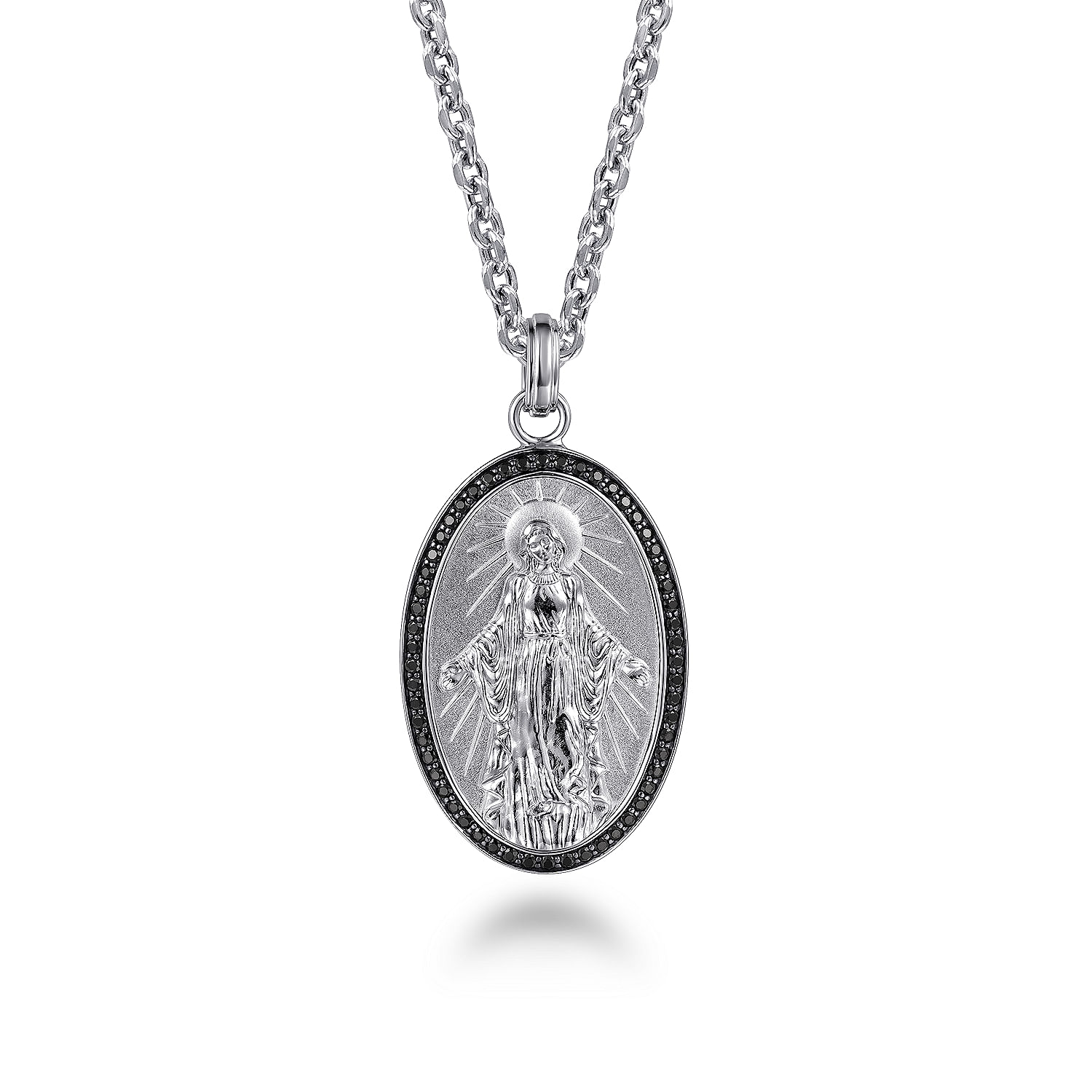Oval 925 Sterling Silver Virgin Mary Pendant with Black Spinel Frame 
