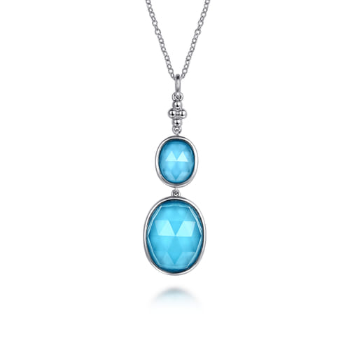 Pendant Drop Necklace 925 Sterling Silver Rock Crystal and Turquoise Bujukan