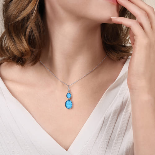 Pendant Drop Necklace 925 Sterling Silver Rock Crystal and Turquoise Bujukan