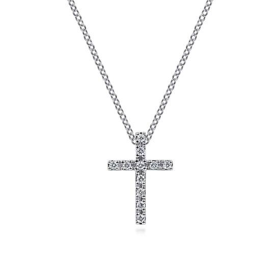 Pendant Necklace Cross 14K White Gold Diamond 0.1ct