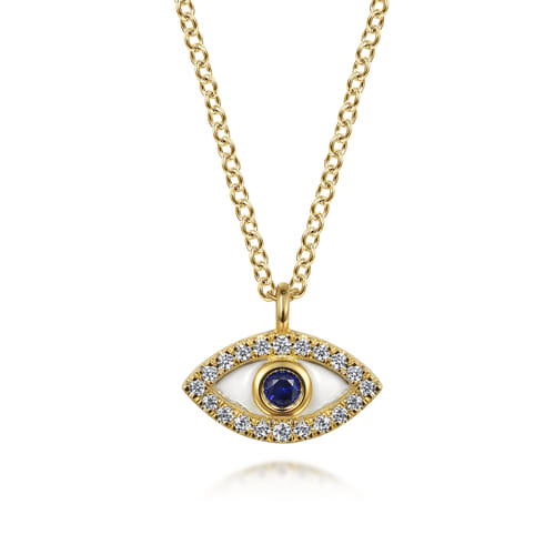 Pendant Necklace Evil Eye 14K Yellow Gold Diamond and Blue Sapphire White Enamel 0.08ct