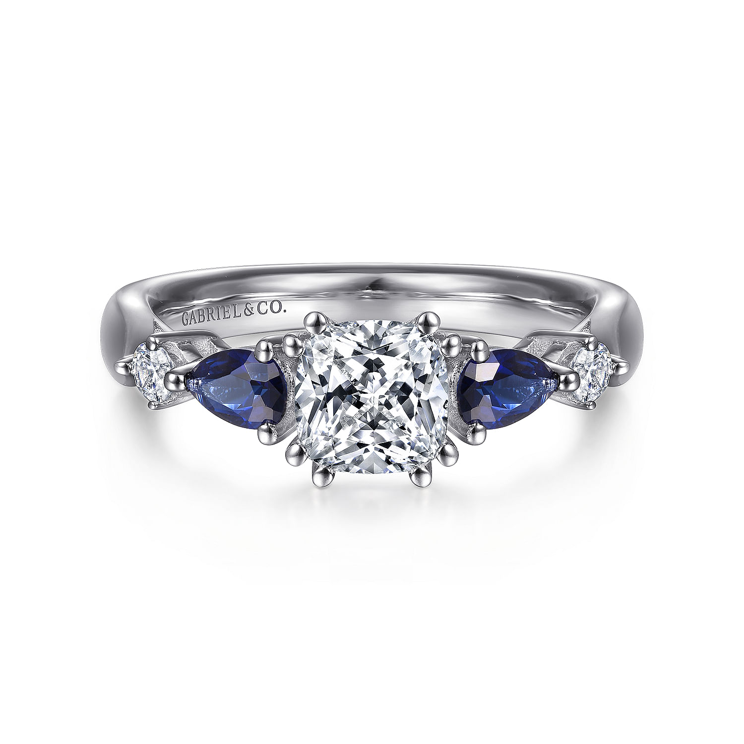 Platinum Cushion Cut Five Stone Sapphire and Diamond Engagement Ring