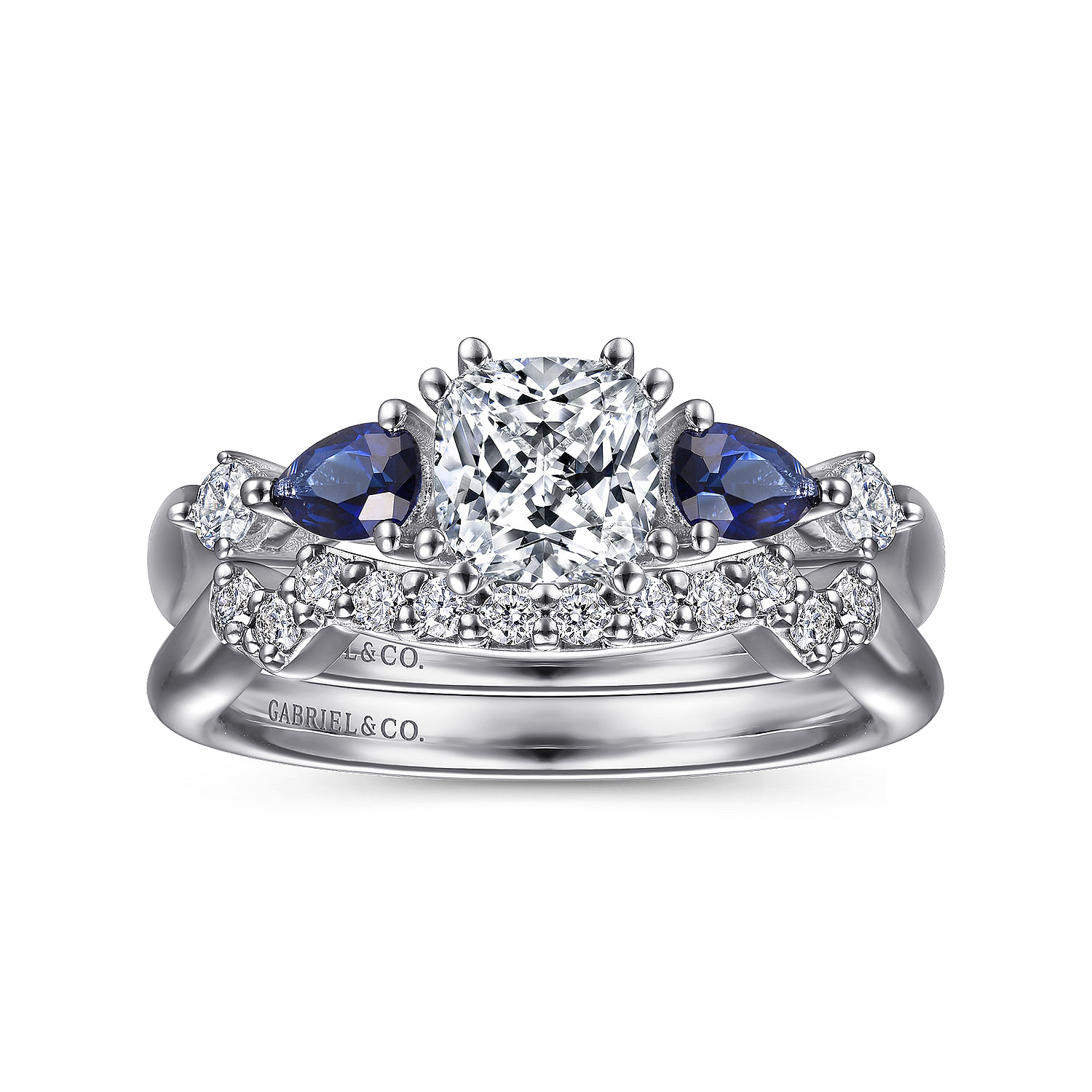 Platinum Cushion Cut Five Stone Sapphire and Diamond Engagement Ring