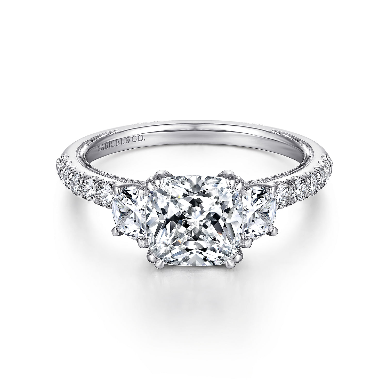 Gabriel - Platinum Cushion Cut Three Stone Diamond Engagement Ring