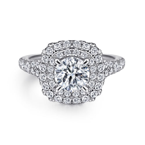 Platinum Cushion Double Halo Round Diamond Engagement Ring