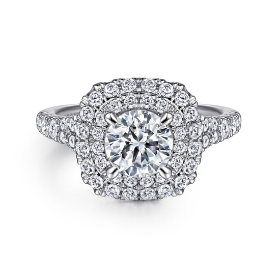 Gabriel - Platinum Cushion Double Halo Round Diamond Engagement Ring
