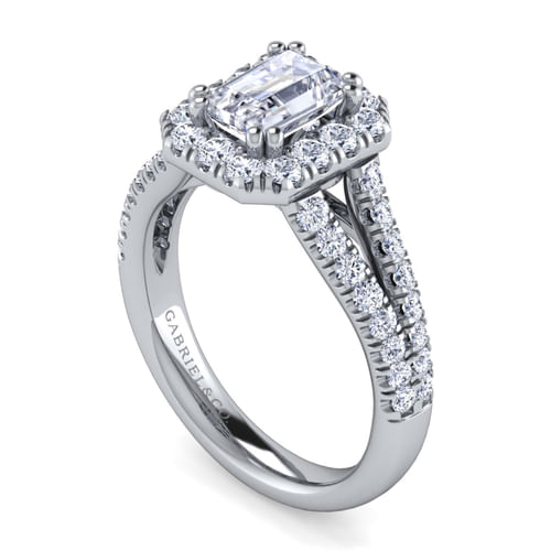 Platinum Halo Emerald Cut Diamond Engagement Ring