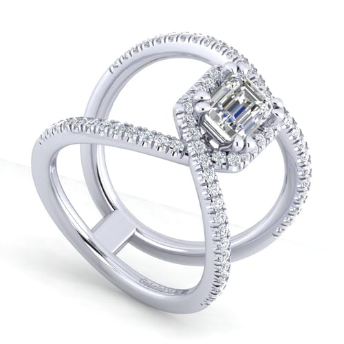 Platinum Halo Emerald Cut Diamond Engagement Ring