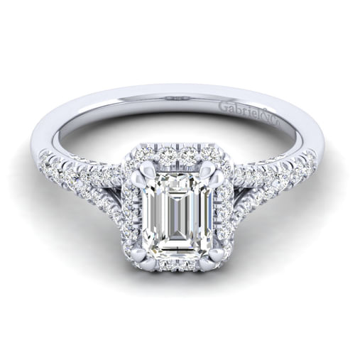 Platinum Halo Emerald Cut Diamond Engagement Ring