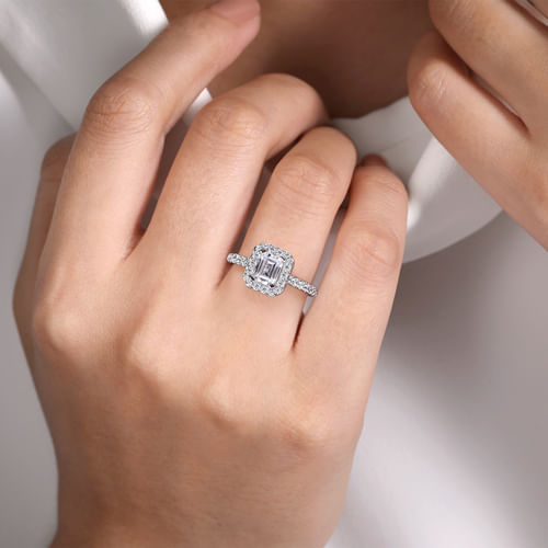 Platinum Halo Emerald Cut Diamond Engagement Ring